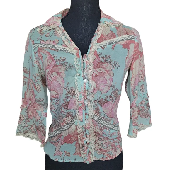 Odille Anthropologie Teal and Pink Vintage Floral Lace Trim Blouse Womens Size 2 - Picture 2 of 10